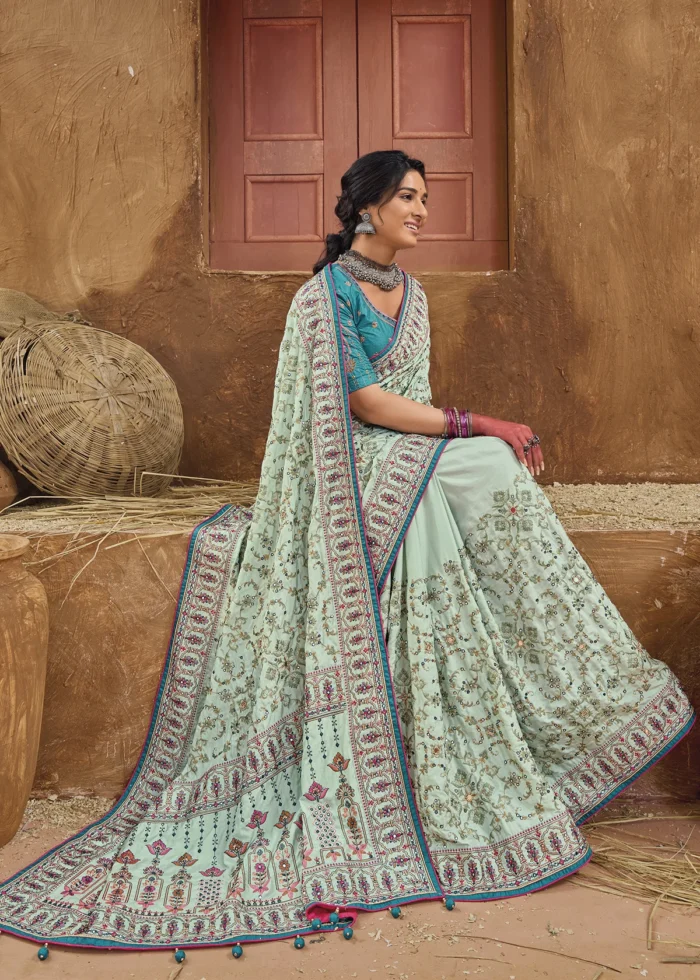 Mint Green Embroidered Saree with Kacchi Work