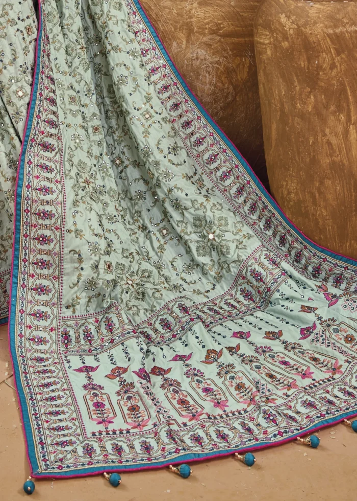 Mint Green Embroidered Saree with Kacchi Work