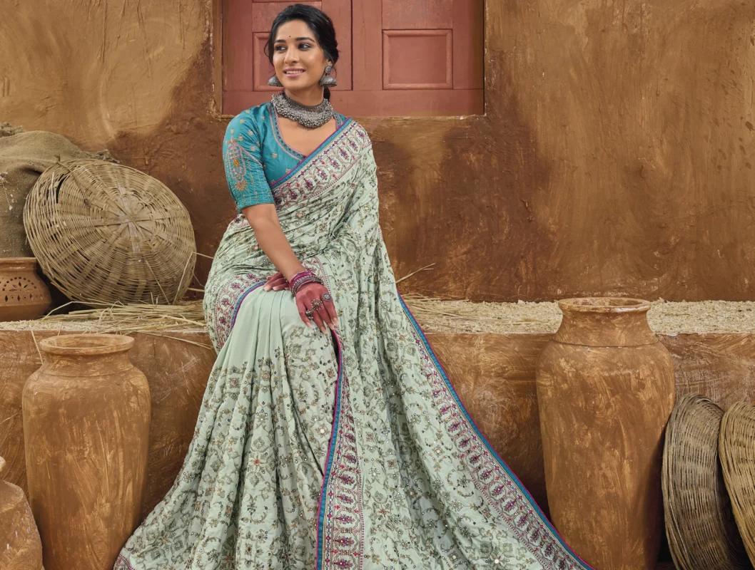 Mint Green Embroidered Saree with Kacchi Work