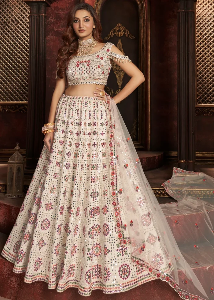 Off White Embroidered Lehenga