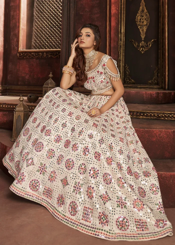 Off White Embroidered Lehenga