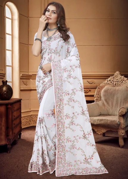 Off White Embroidered Saree