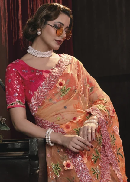 Orange Embroidered Net Saree