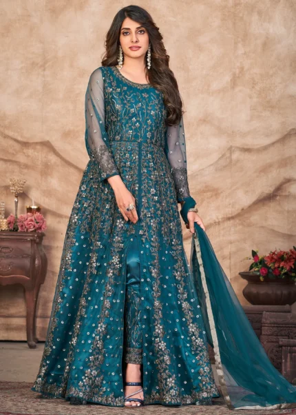 Peacock Blue Heavy Embroidery Anarkali