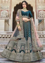 Peacock Blue Velvet Lehenga