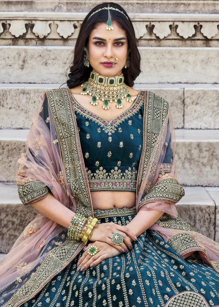 Peacock Blue Velvet Lehenga