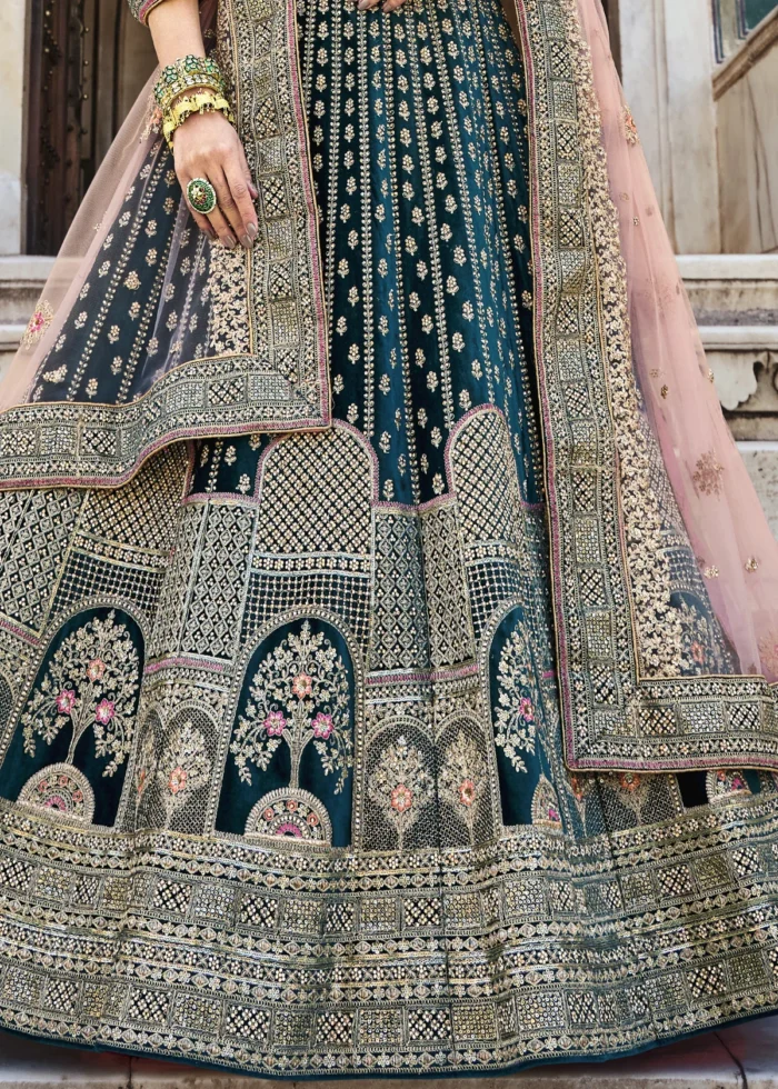 Peacock Blue Velvet Lehenga