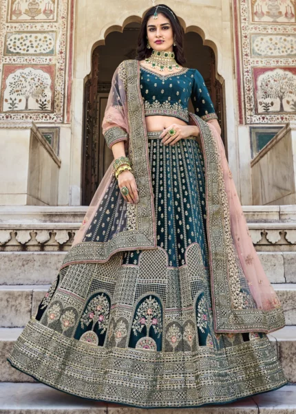 Peacock Blue Velvet Lehenga