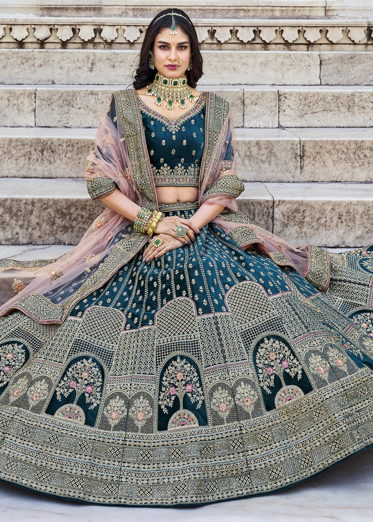 Peacock Blue Velvet Lehenga