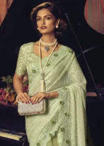 Pista Green Designer Saree with Heavy Work