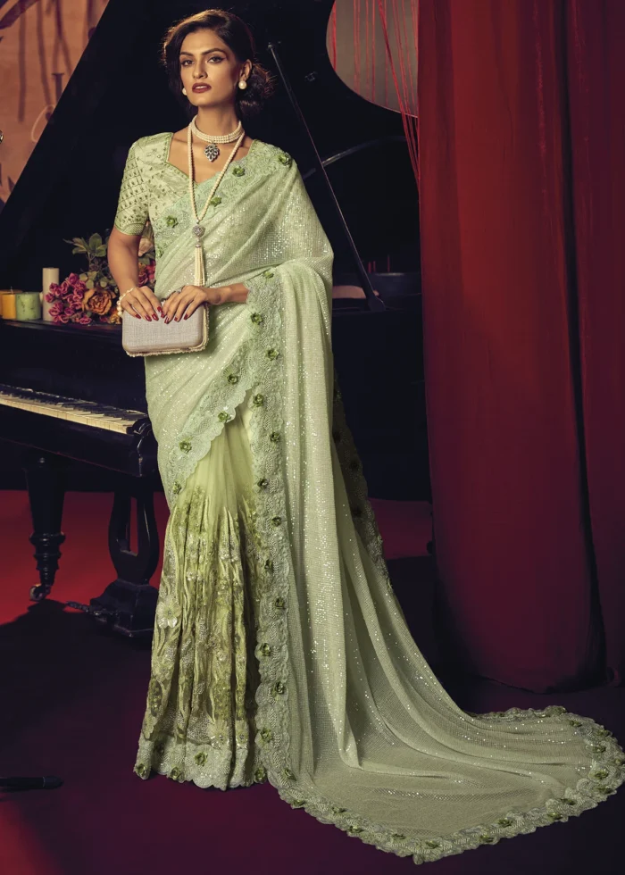 Pista Green Designer Saree with Heavy Work