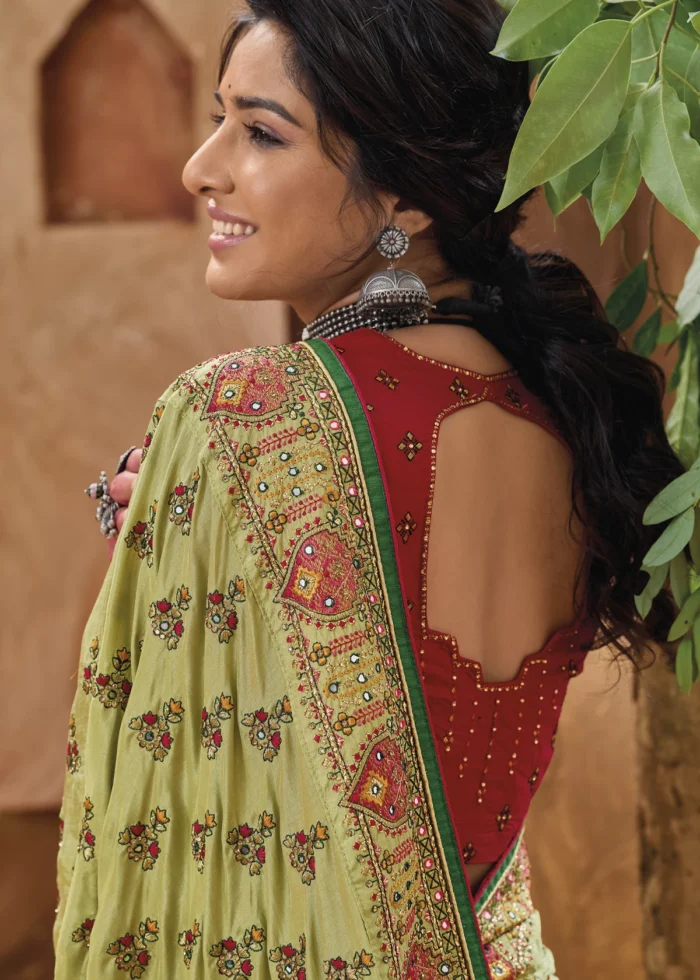 Pista Green Embroidered Saree with Kacchi Work