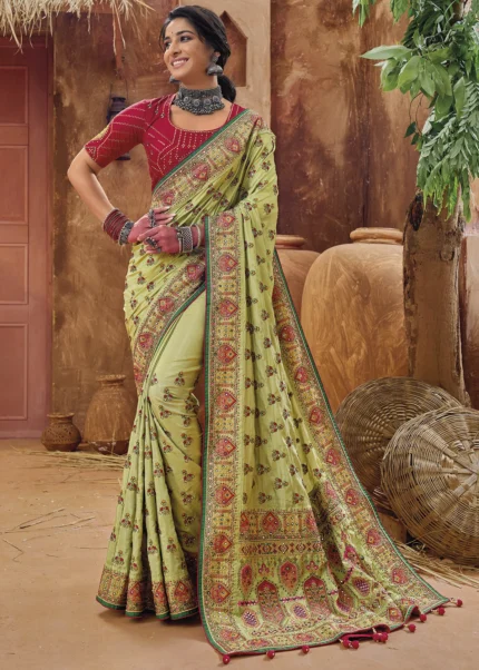 Pista Green Embroidered Saree with Kacchi Work