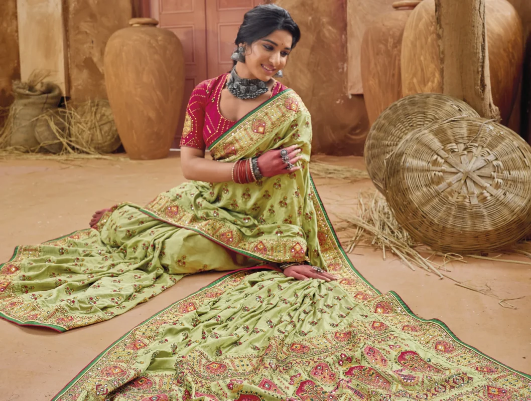 Pista Green Embroidered Saree with Kacchi Work