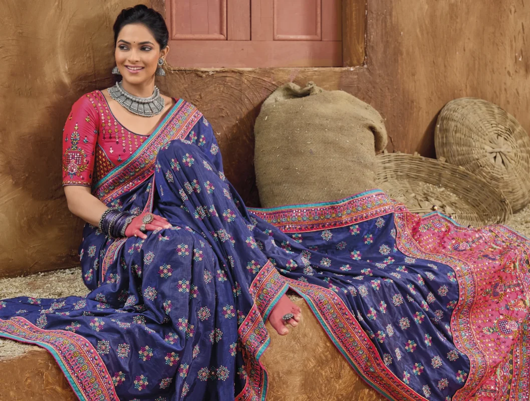 Purple Embroidered Saree with Kacchi Work