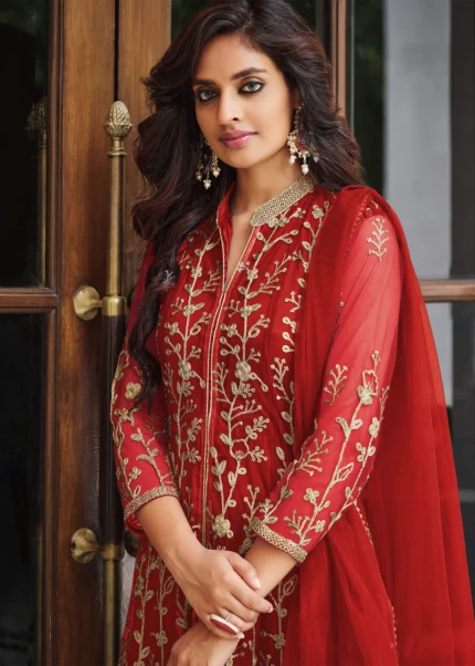 Red Heavy Embroidery Anarkali