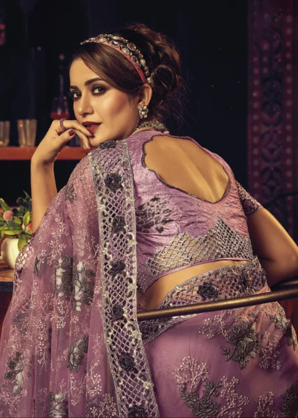 Rose Pink Designer Saree with Heavy Work