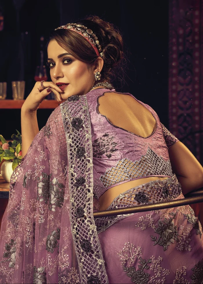 Rose Pink Designer Saree with Heavy Work