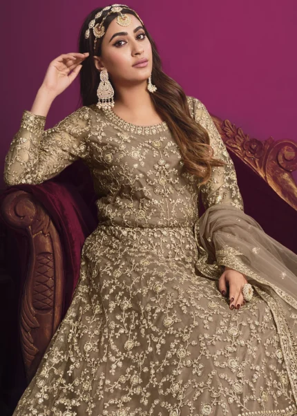 Safari Beige Heavy Embroidery Anarkali