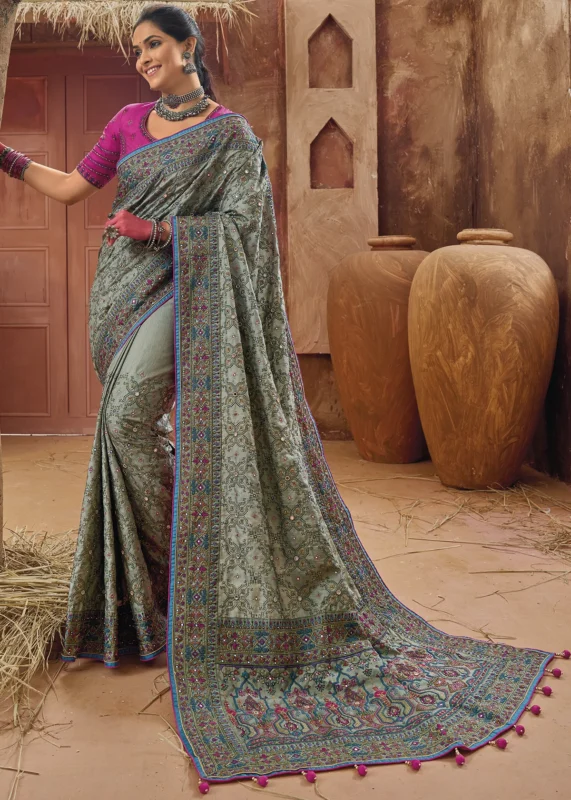 Sage Green Embroidered Saree