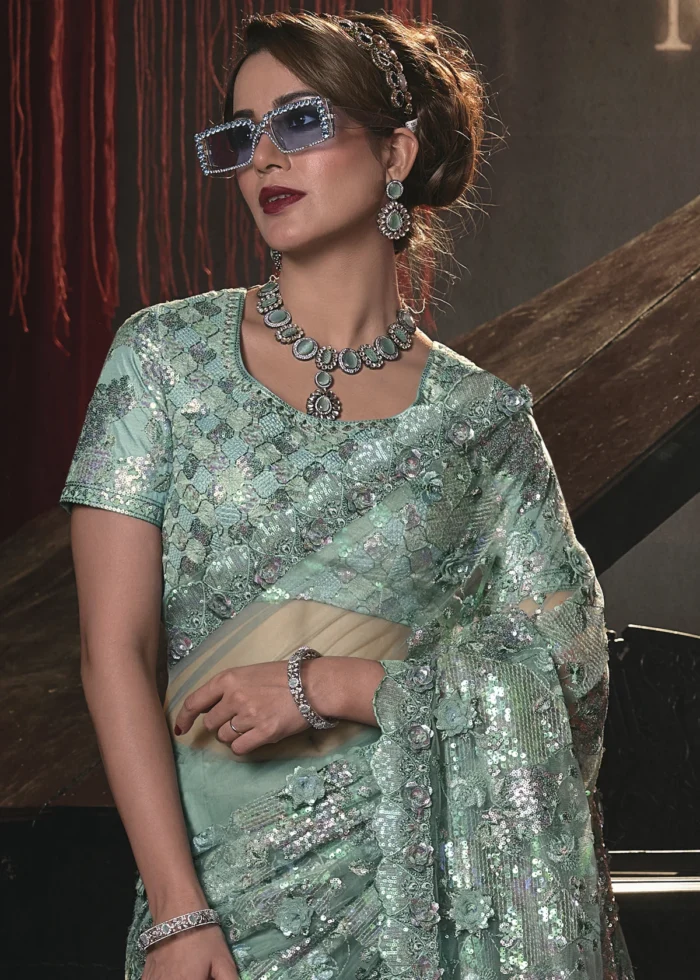 Sea Green Embroidered Net Saree