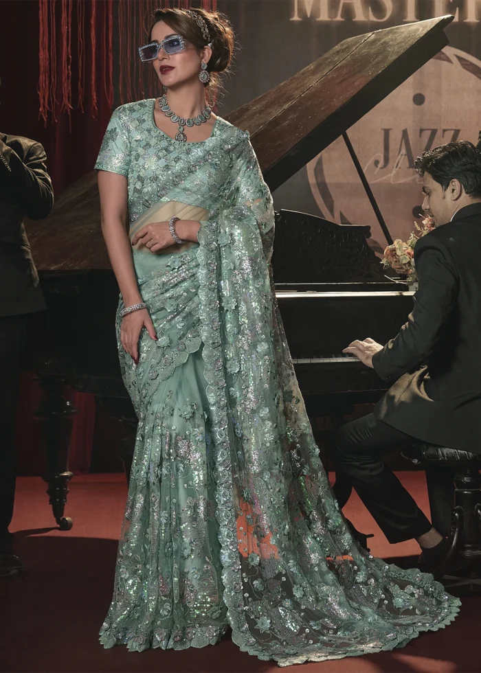 Sea Green Embroidered Net Saree