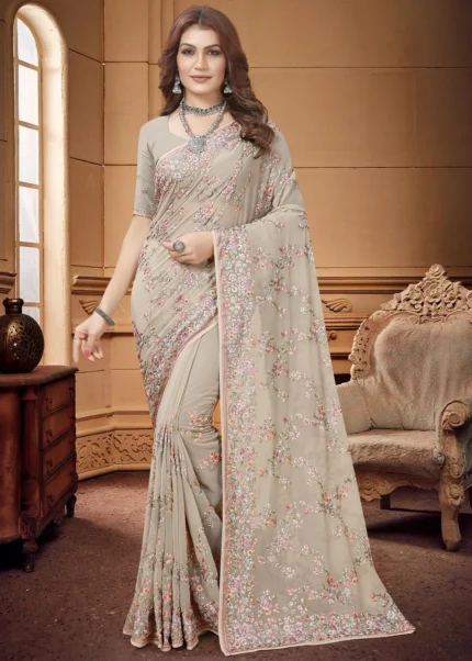 Taupe Embroidered Saree