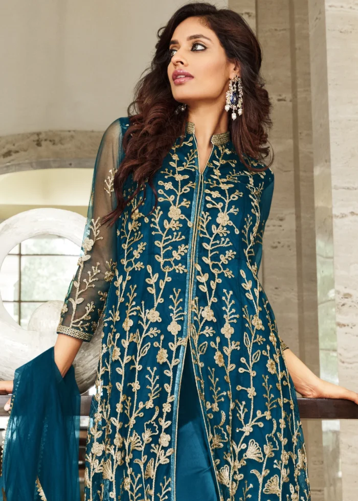 Teal Blue Heavy Embroidery Anarkali