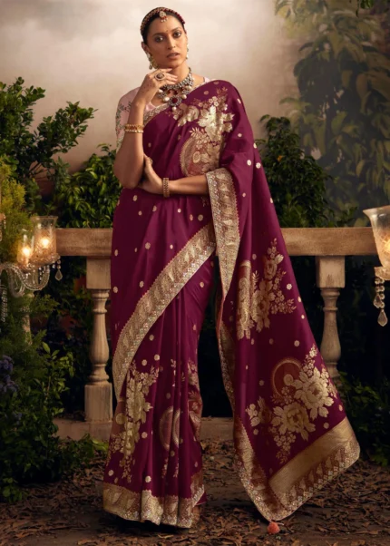 Wine Banarasi Dola Silk Saree