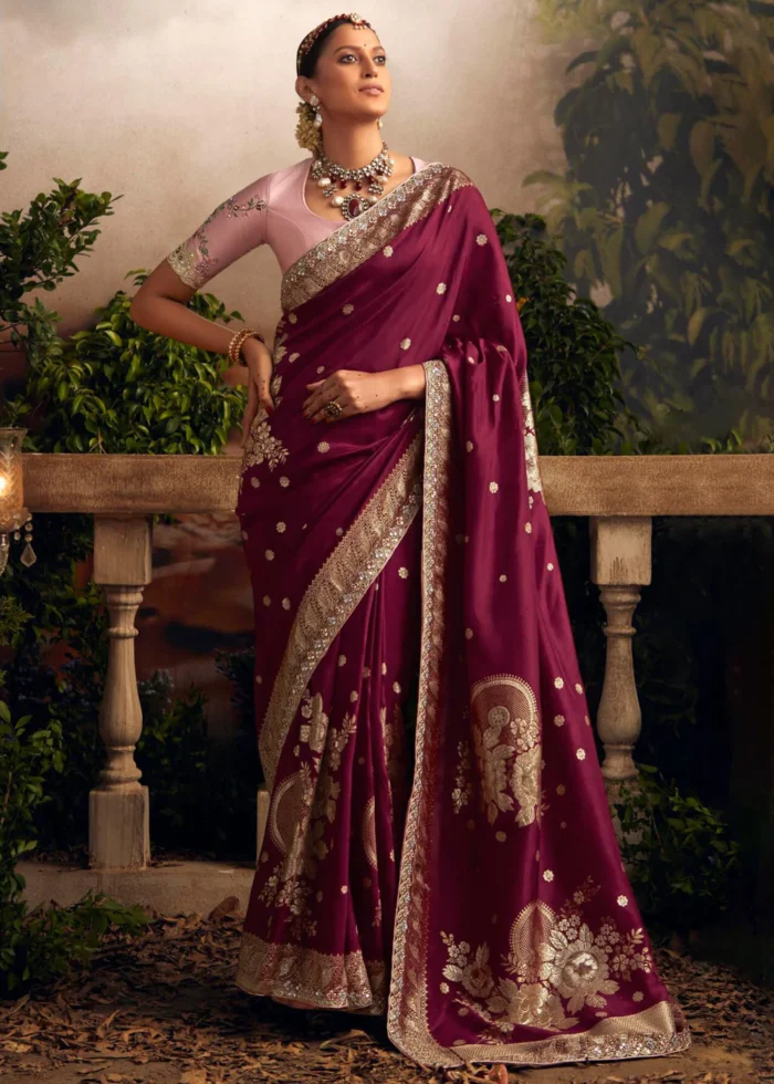 Wine Banarasi Dola Silk Saree