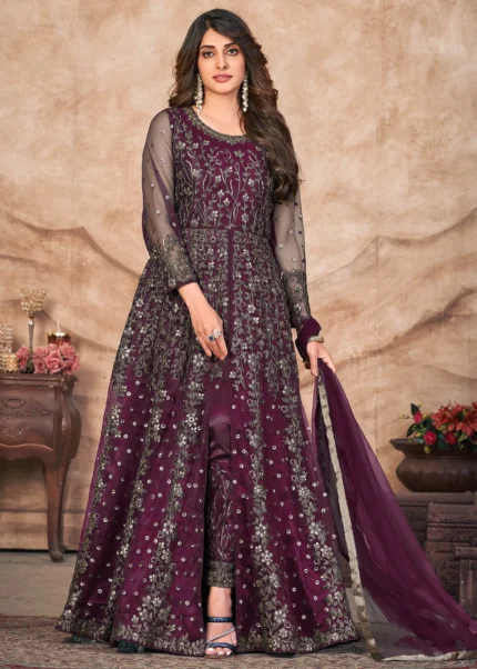 Wine Purple Heavy Embroidery Anarkali