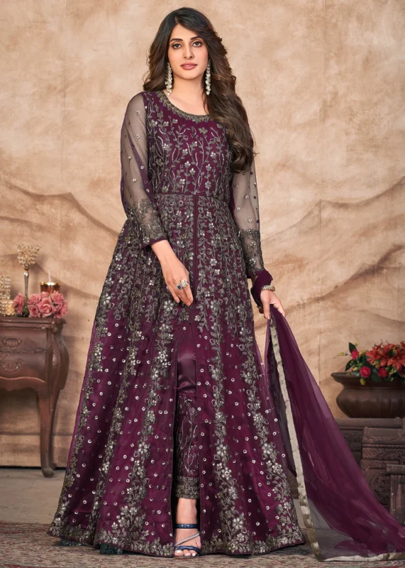 Wine Net Anarkali with Heavy Embroidery