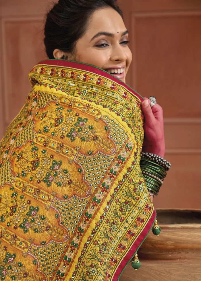 Yellow Embroidered Saree with Kacchi Work