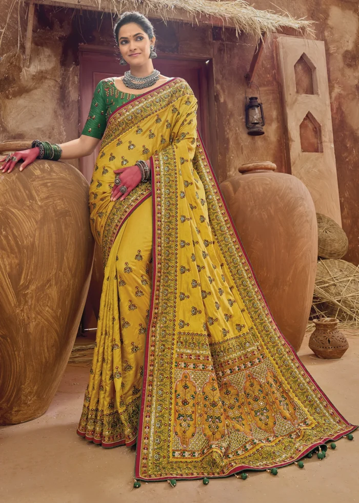 Yellow Embroidered Saree with Kacchi Work