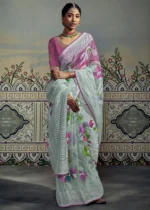 Aqua Blue Woven Organza Brasso Saree