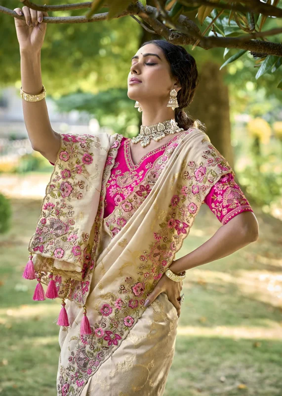 Beige Banarasi Saree with Embroidery Work