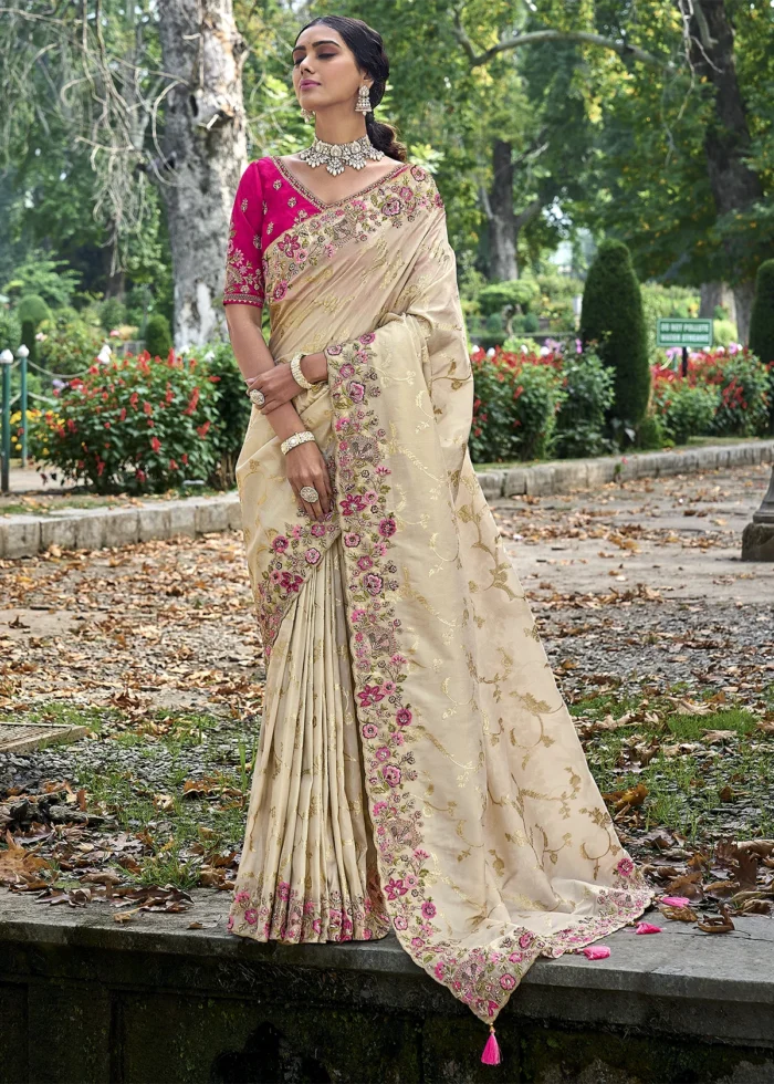 Beige Banarasi Saree with Embroidery Work