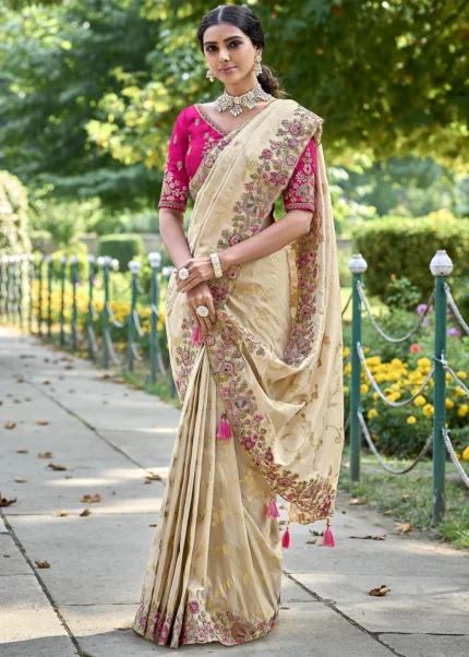 Beige Banarasi Saree with Embroidery Work