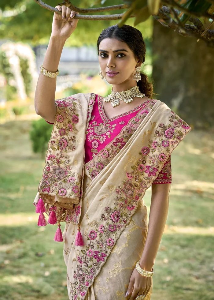 Beige Banarasi Saree with Embroidery Work