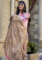 Beige and Pink Satin Crepe Saree