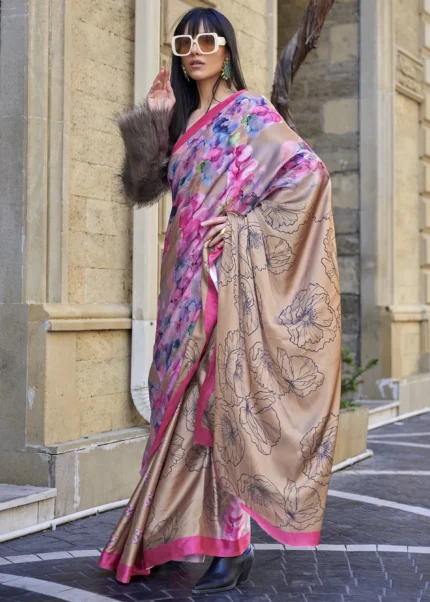 Beige and Pink Satin Crepe Saree