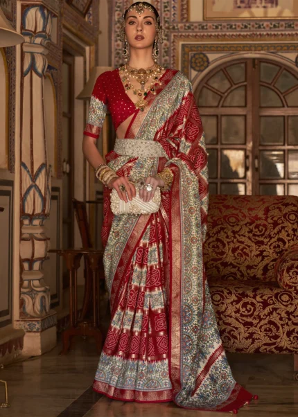 Carmine Red Printed Silk Saree