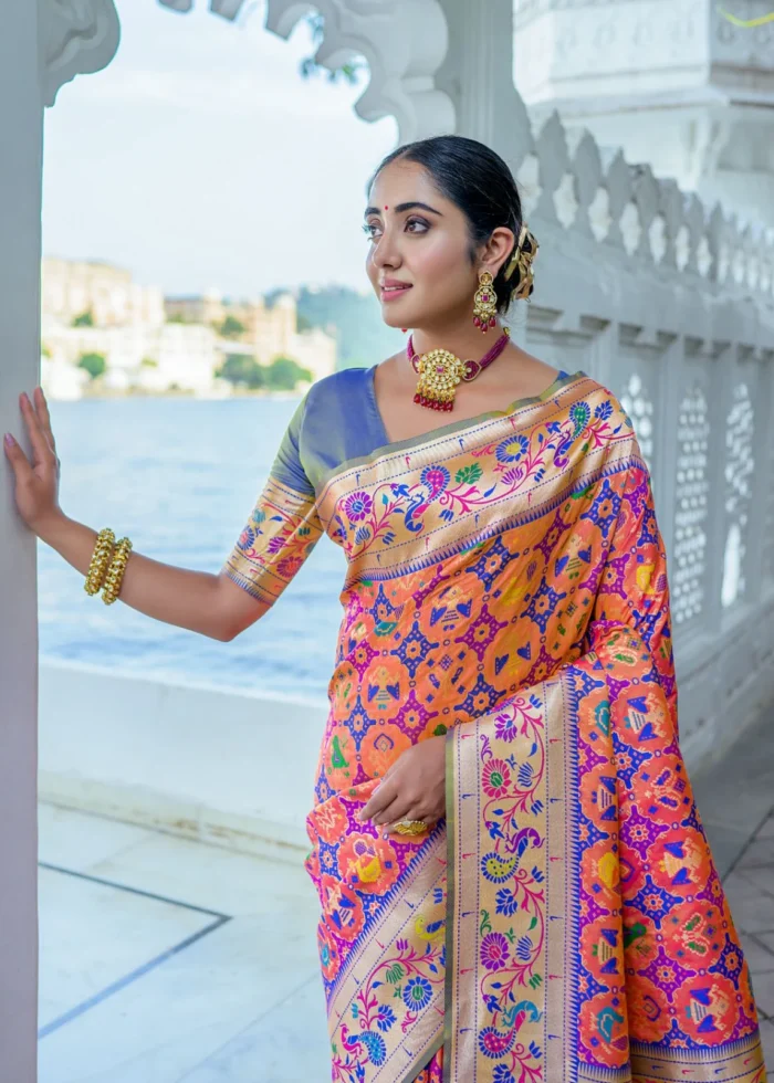 Coral Orange Paithani Silk Saree