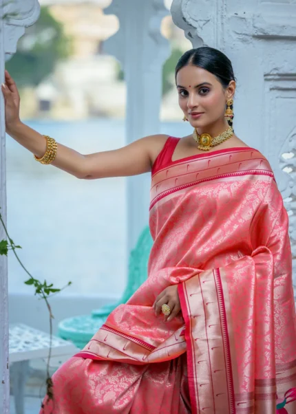 Coral Peach Paithani Silk Saree