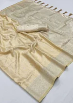 Cream Banarasi Satin Silk Saree