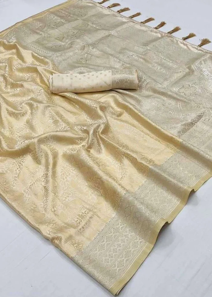 Cream Banarasi Satin Silk Saree