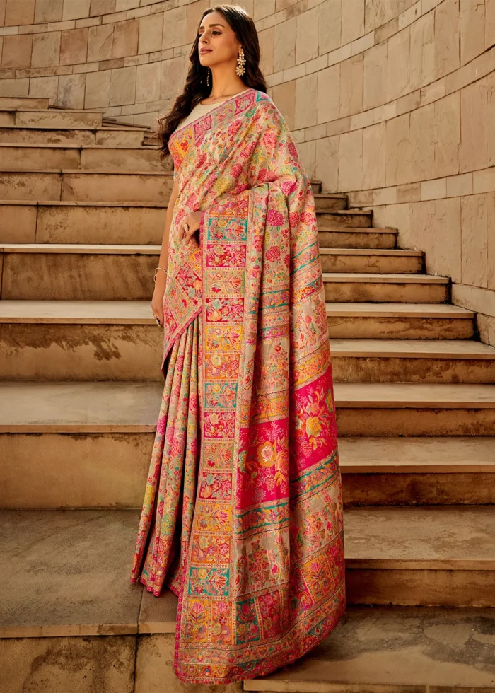 Cream Kashmiri Jamawar Saree