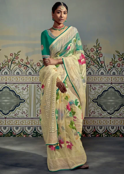 Cream Organza Brasso Saree