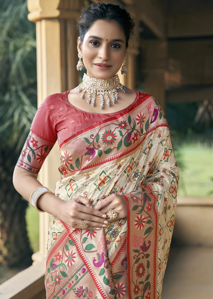 Cream Patola Silk Saree