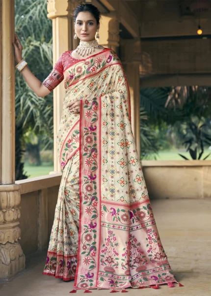 Cream Patola Silk Saree